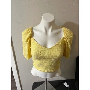 H&M Divided Yellow Eyelet Lace Puff Sleeve Sweetheart Crop Top Womens SizeMedium